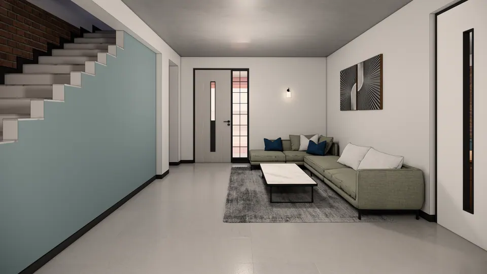 Rendered living room seen past the stair: the sage-green stair wall, an L-shaped sofa, a marble-topped table and the front door beyond