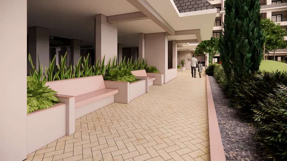 Rendered covered walkway under a block, with built-in planter benches and figures walking