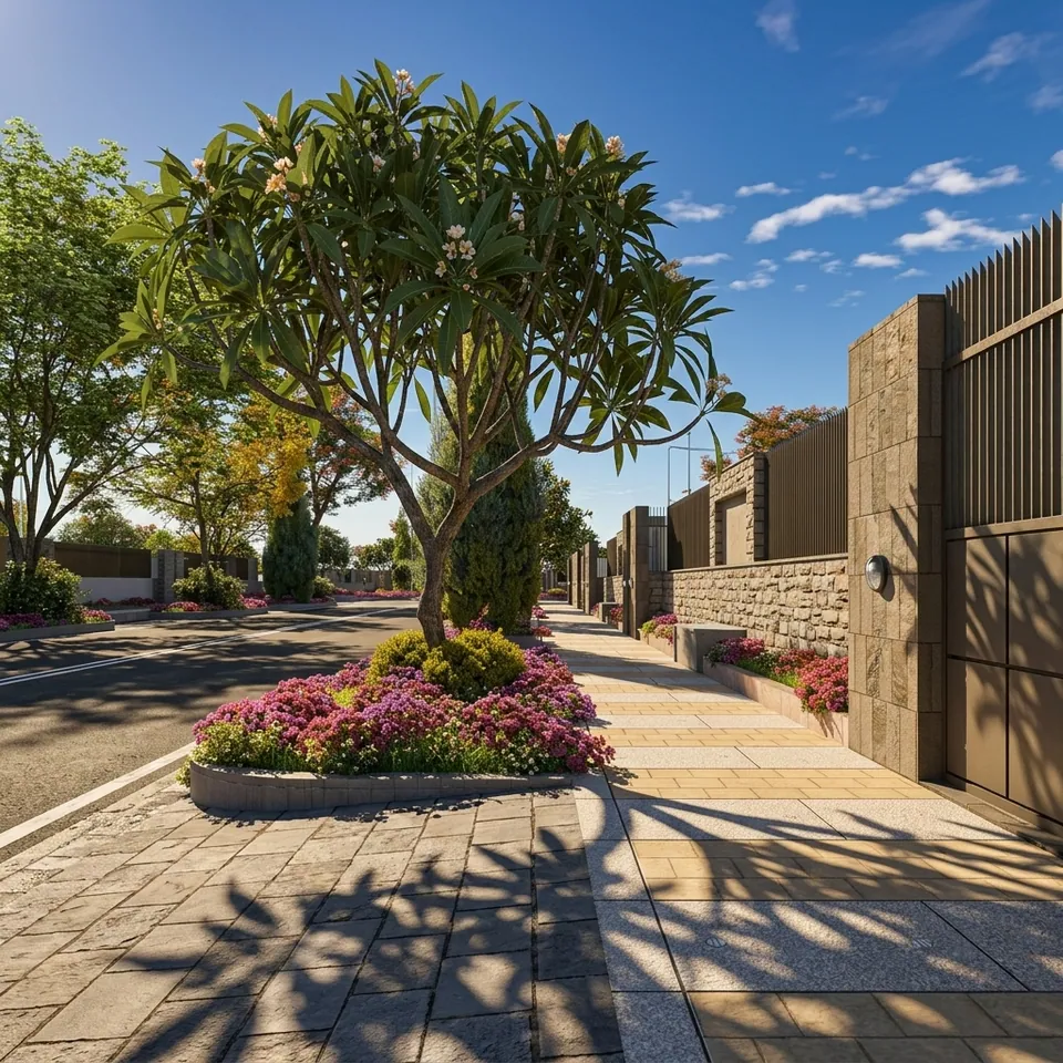 Rendered street with a frangipani tree in a planted bed, a paved footpath and stone-clad boundary walls with dark slatted gates