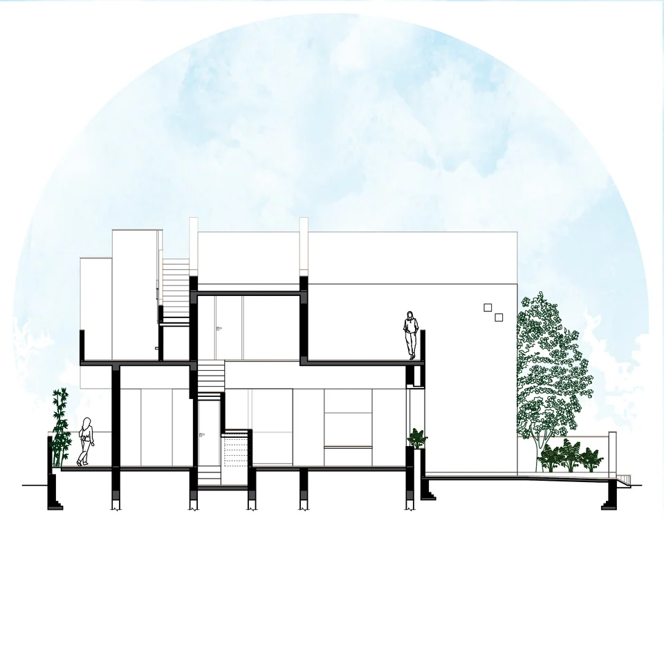 Section through both floors and the stair, with the tall front volume and its two small square windows at right
