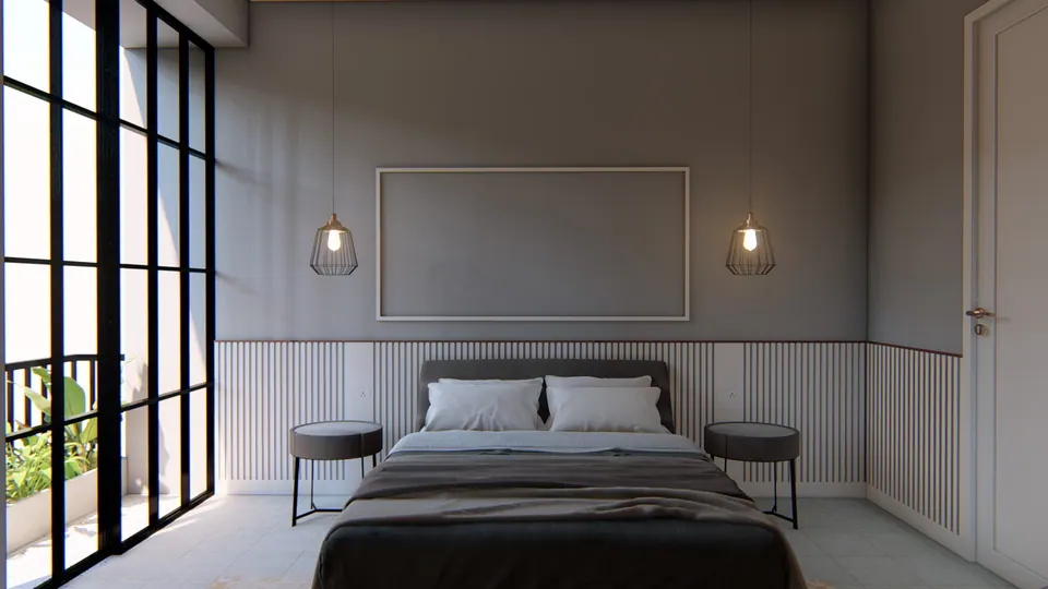 Rendered bedroom: a dark bed against a slatted wainscot, wire-cage pendants either side and a black-framed glass wall