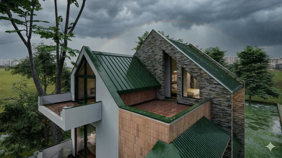 Rendered aerial view of the roof terraces: a stone-clad gable, green metal roofs and a cantilevered white balcony under storm clouds