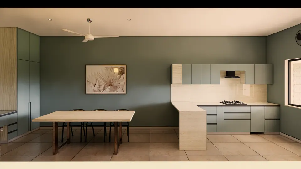 Rendered kitchen and dining: sage-green cabinets, a travertine-look counter returning as a breakfast ledge, and a long table