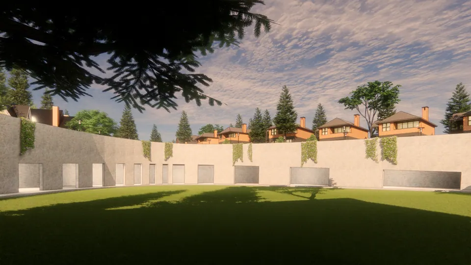 Rendered sunken lawn enclosed by a curved retaining wall with lit openings, houses above