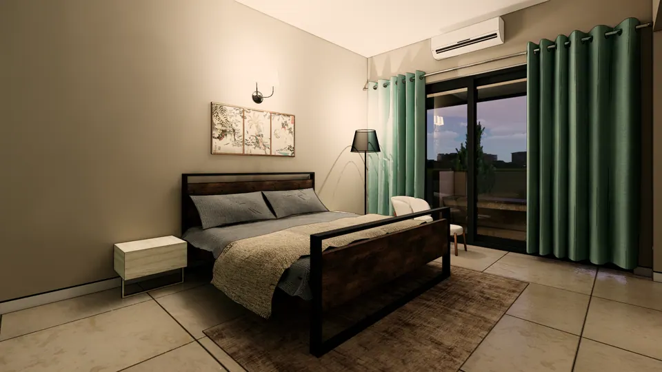Rendered bedroom: a dark metal-framed bed, a floor lamp and green curtains at glass doors to a terrace at dusk