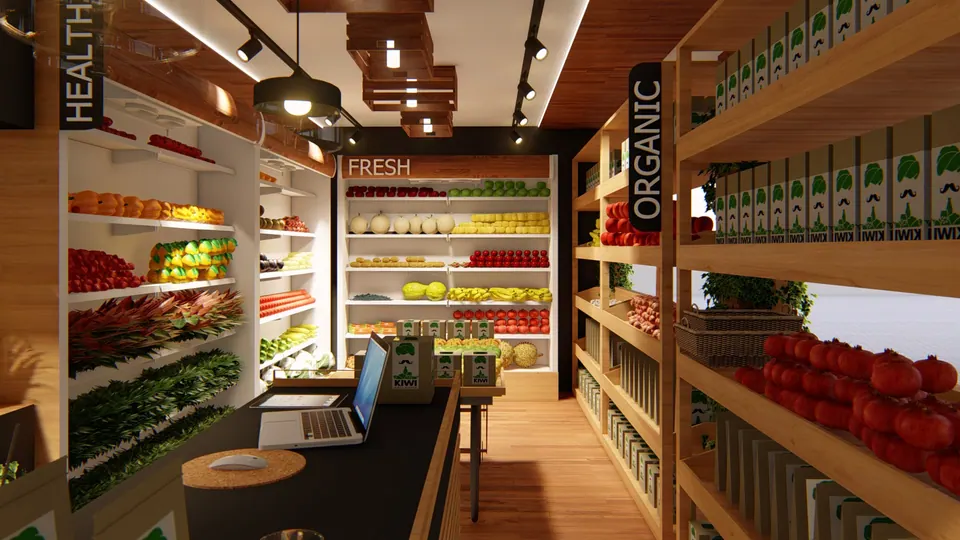 Rendered store interior with timber shelving, a fresh-produce wall, 'Organic' and 'Fresh' signs and a counter