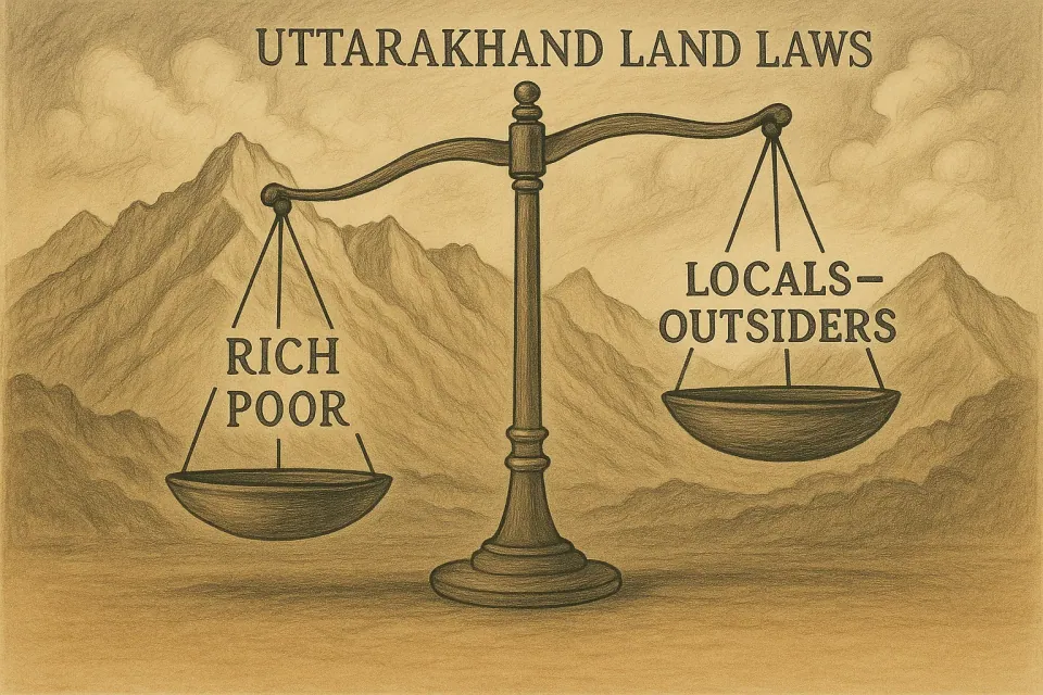 Pencil illustration of a balance scale before mountains under the title ‘Uttarakhand Land Laws’: the pan marked ‘Rich – Poor’ hangs lower than the pan marked ‘Locals – Outsiders’