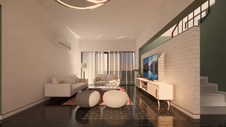 Rendered long living room with a white brick wall, a timber TV console, ottomans and a stair to the upper floor