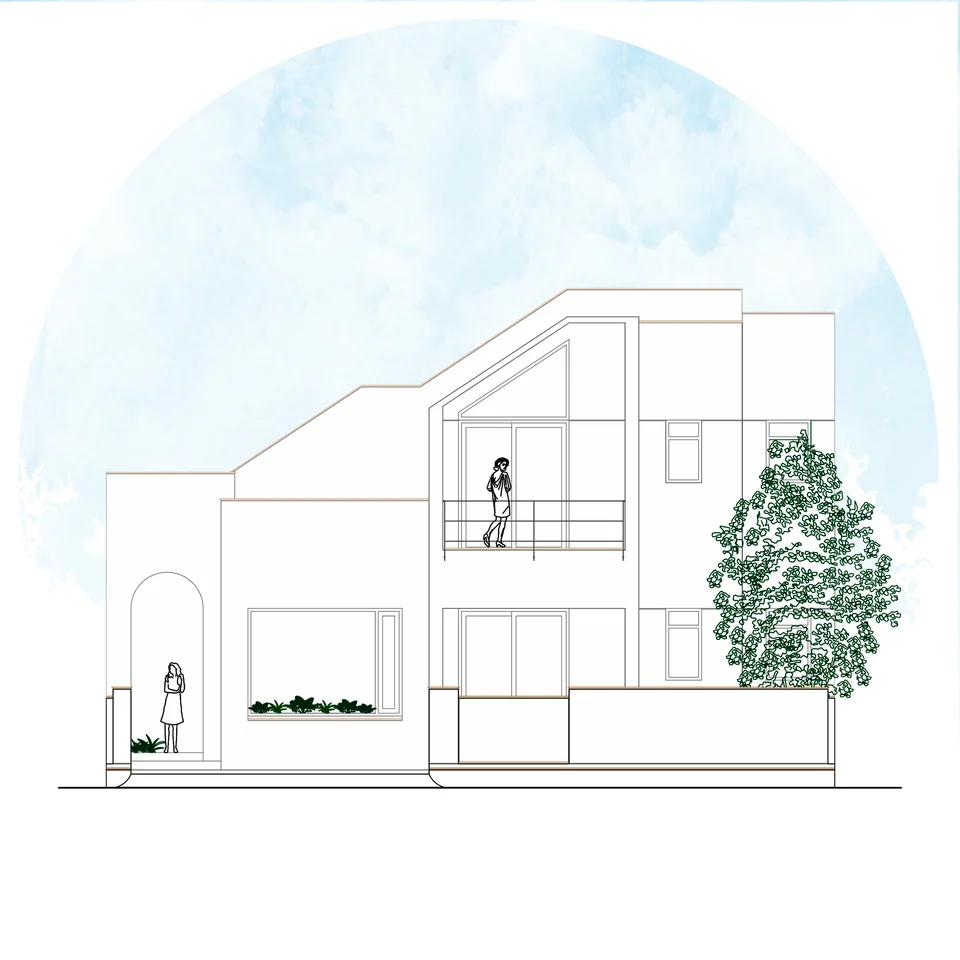 Front elevation: an arched entrance, a wide window with a planter, an inset balcony beneath a gable and a tree