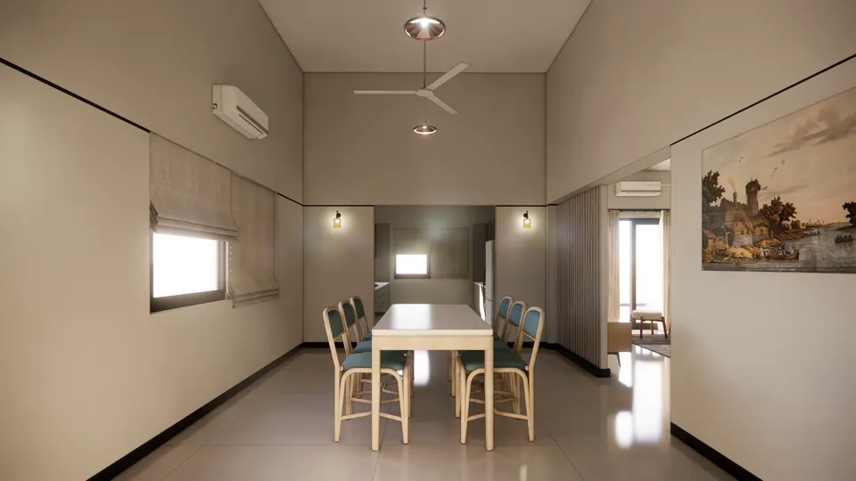 Rendered long view of the dining area under a high ceiling, with the kitchen beyond and the living room through an opening at right