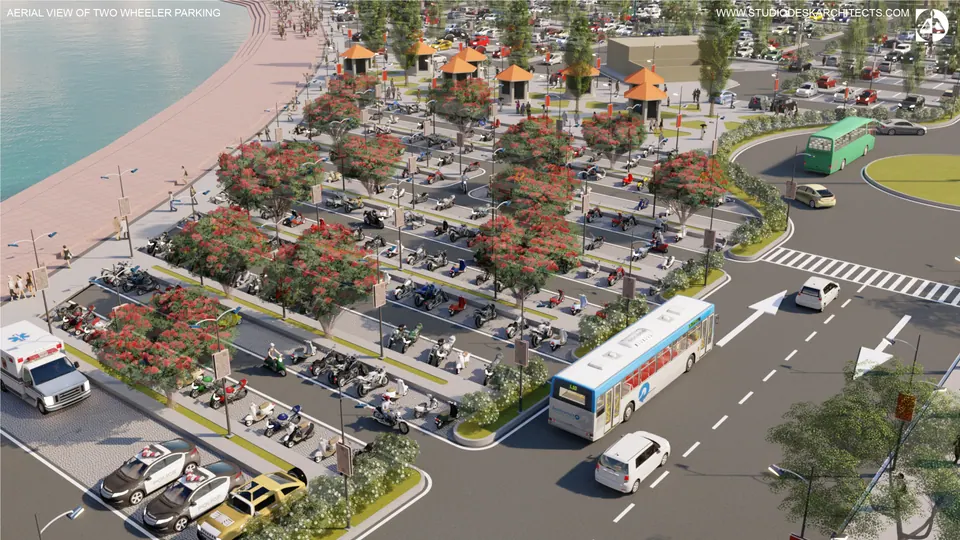 Rendered aerial of two-wheeler parking under flowering trees, a road junction and buses arriving