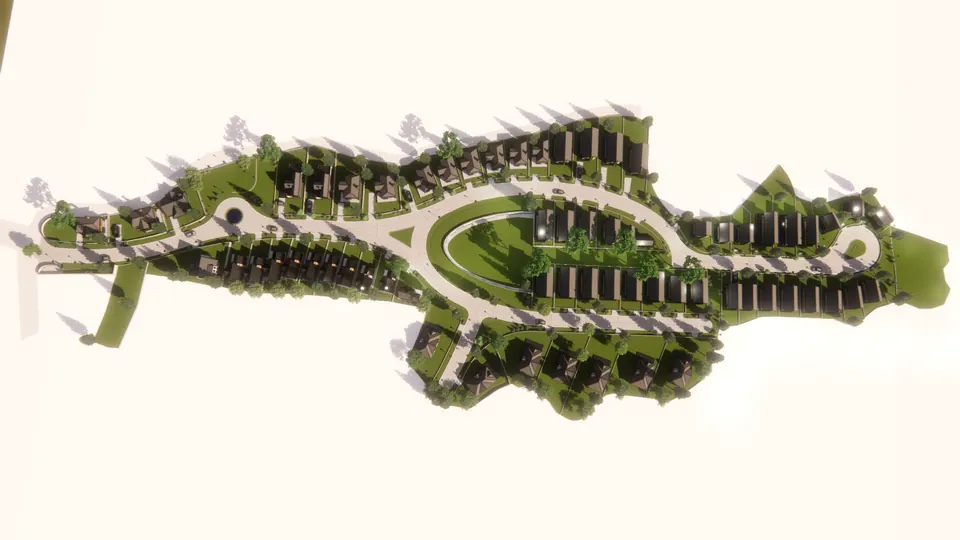 Rendered top view of the layout: houses along looping roads around a central oval green, on a white ground