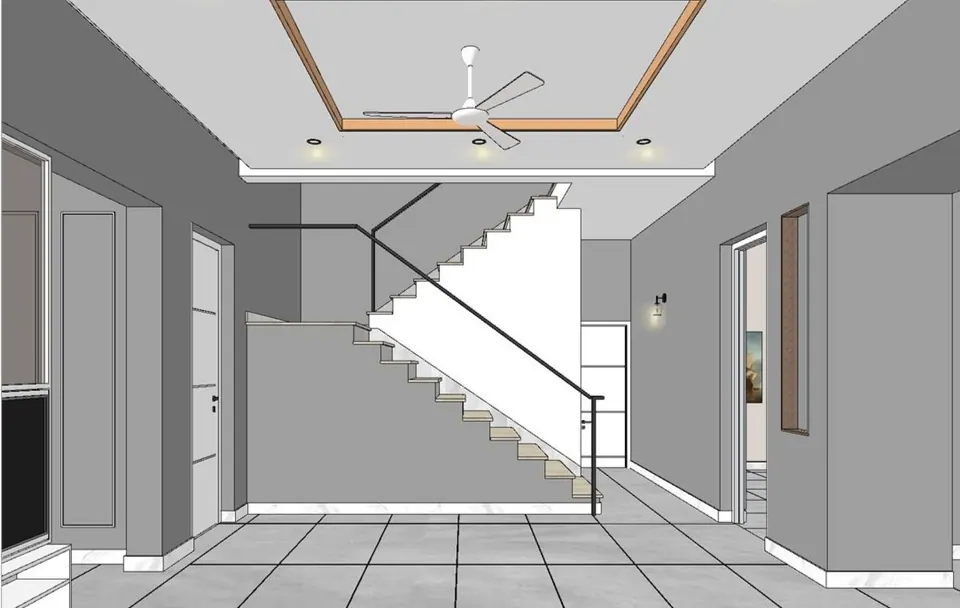 Untextured model view of the hall: a stair with a black steel handrail, grey walls and a coffered ceiling with a fan