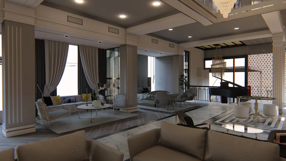 Rendered lounge with stone columns, sofas, a grand piano, chandeliers and a carved screen