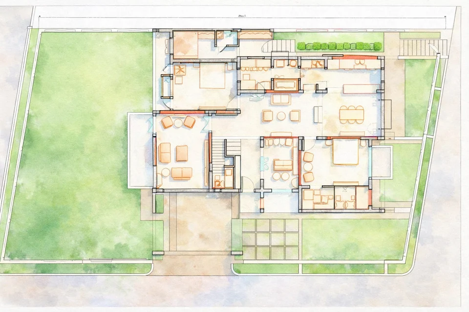 Watercolour-style ground floor plan: rooms around a central stair, a lawn along one side and a paved forecourt at the front