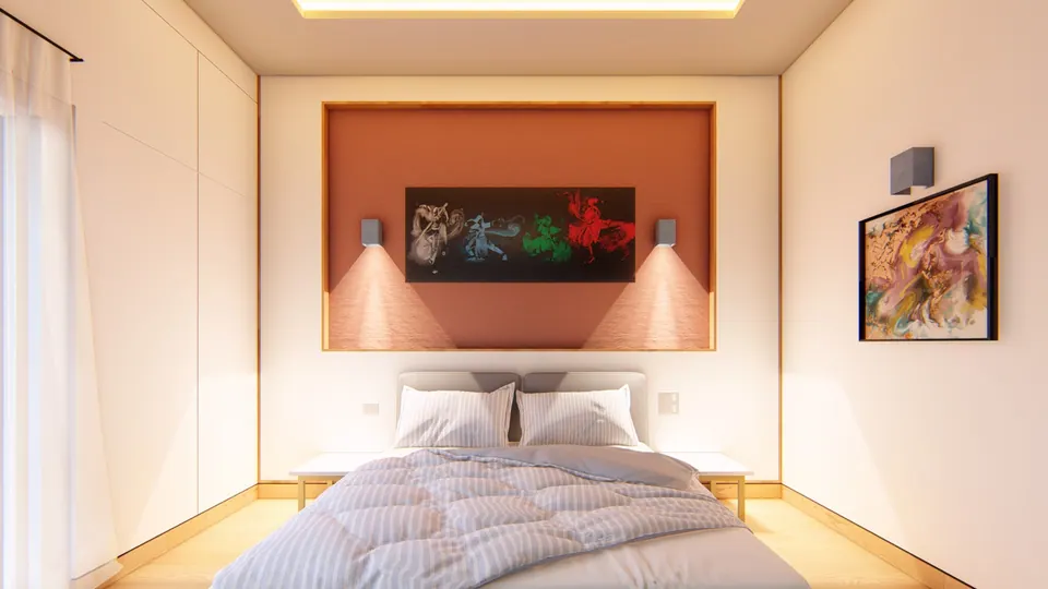 Rendered bedroom with a terracotta panel and a long abstract painting above the bed, wall lights either side