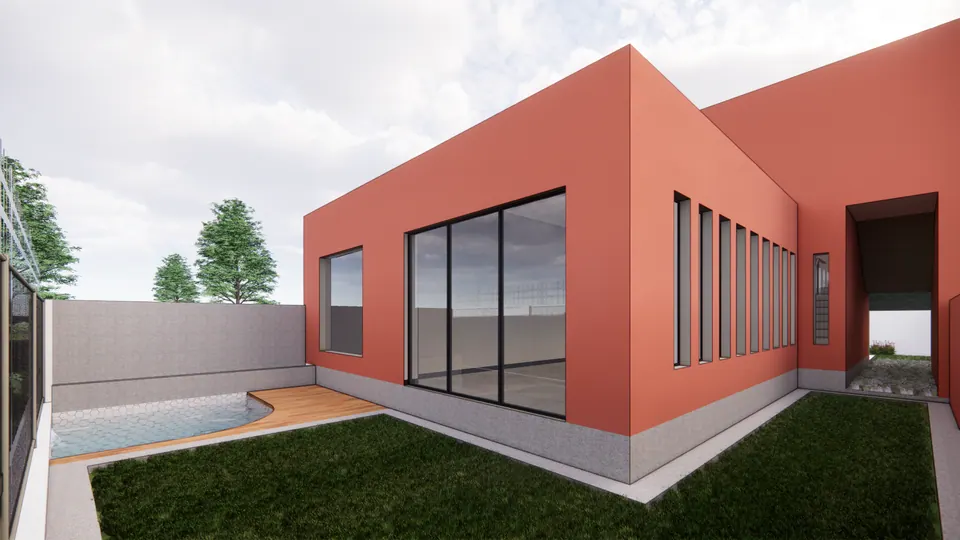 Rendered coral volume with large glazed openings and a row of slit windows beside a lawn, a timber deck and a pool