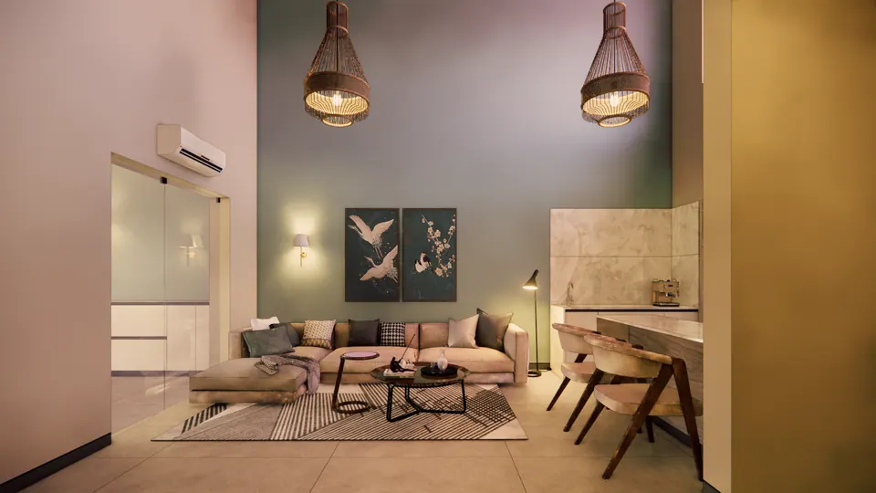Rendered family lounge with pink and green walls, crane artworks, woven pendants and a desk against a mustard wall