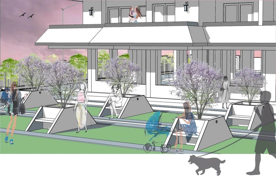 Perspective sketch of angular planter benches under flowering trees, with sketched figures, a pram and a dog walker