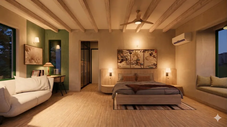 Rendered main bedroom with exposed timber beams, a green accent wall, a window seat and a curved cream sofa