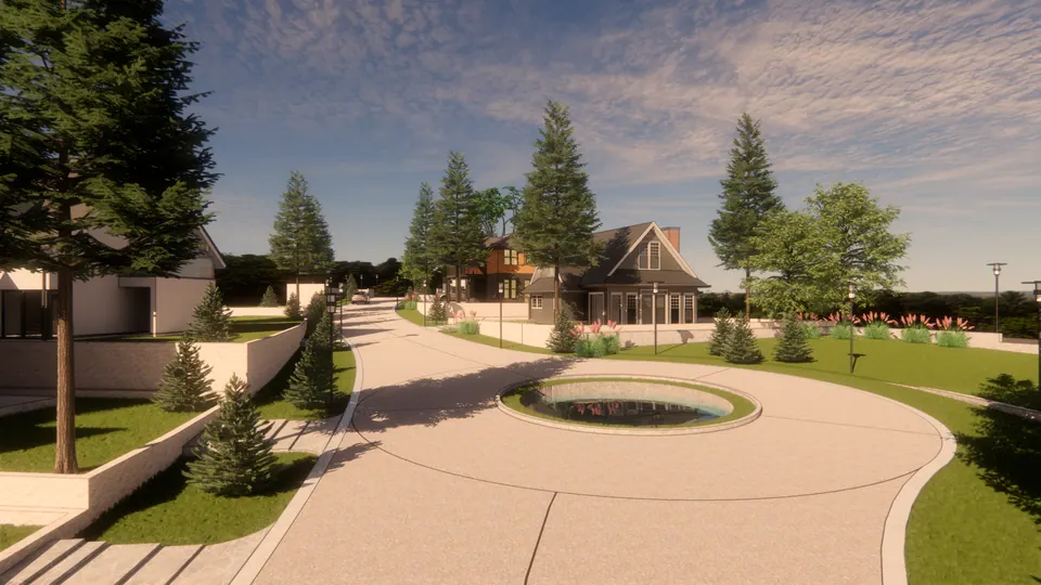 Rendered roundabout with a circular pond, the road curving uphill to houses