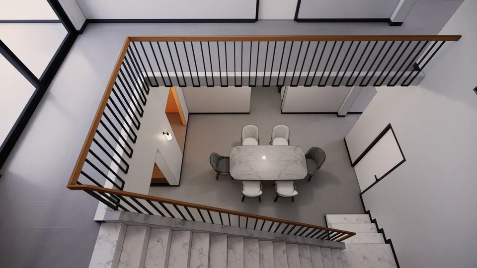 Rendered view down the stairwell, past a timber handrail with black balusters, to the dining table and chairs below