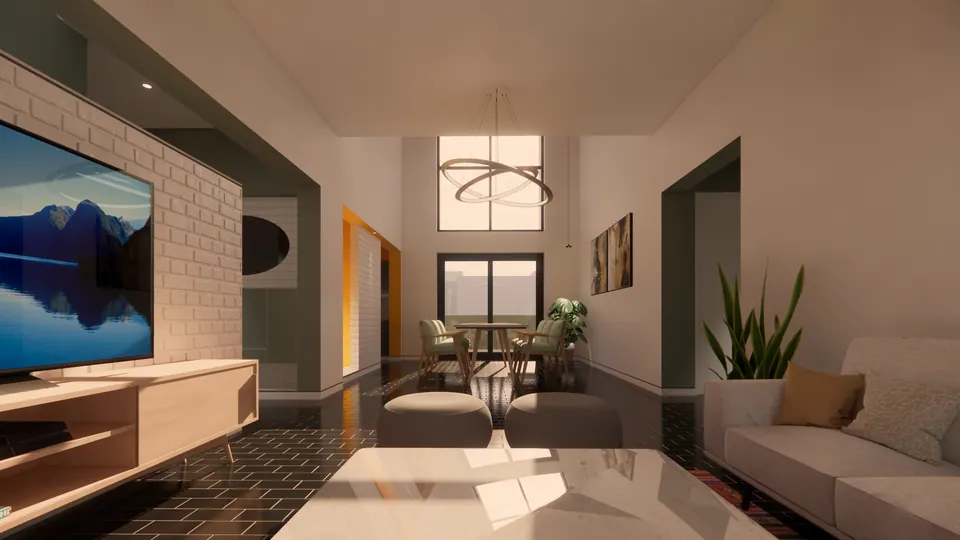 Rendered view past the TV wall to the double-height dining area with a ring pendant and a high window