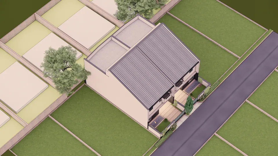 Rendered aerial view of the paired units with their metal roofs and rear courts, among empty plots beside a road