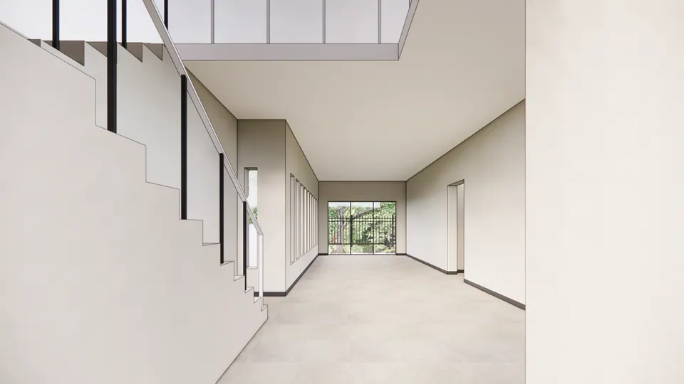 Rendered room beside the stair, with a skylight above and a glazed door to the garden at the far end