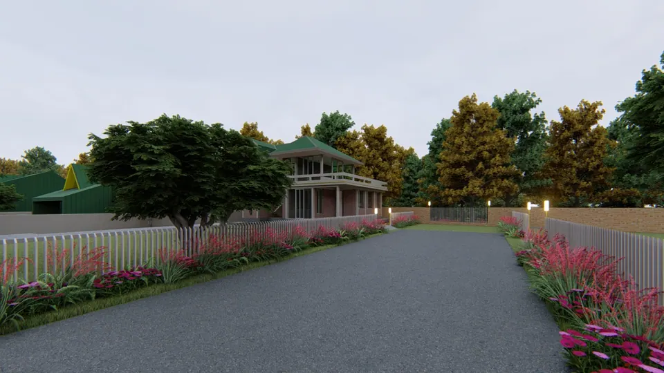 Rendered driveway between flower beds and white fences leading to a two-storey brick building with a long balcony