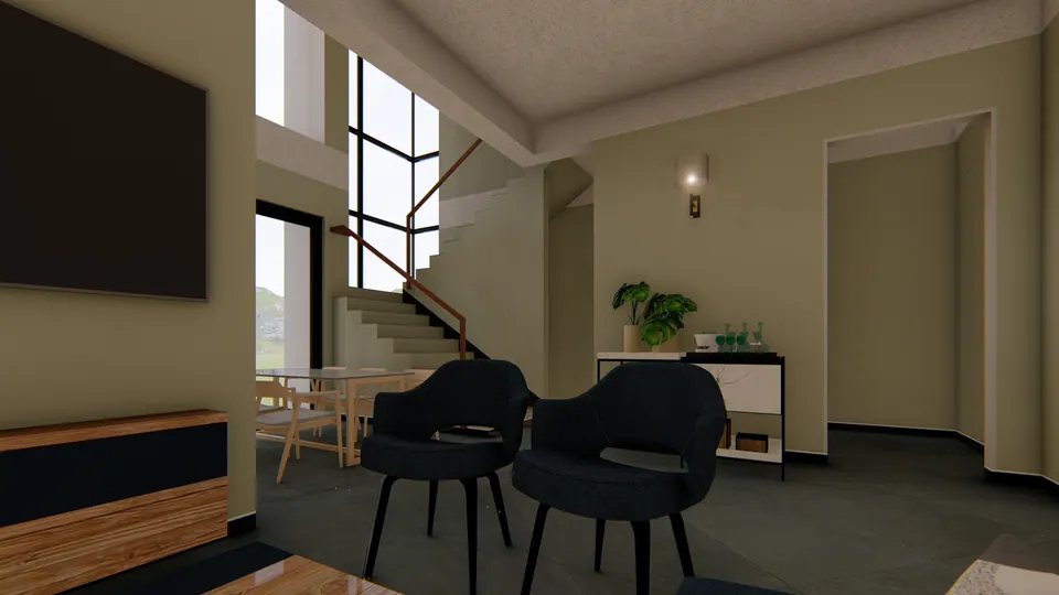Rendered living area with olive-green walls, two black armchairs, a wall screen and the stair beyond the dining table