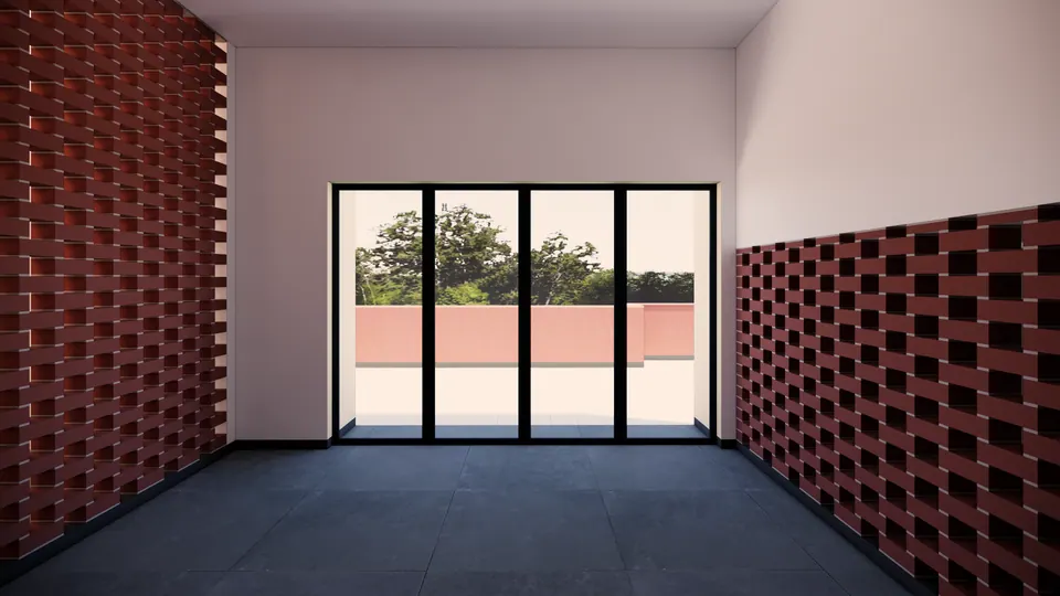 Rendered room with a brick jali wainscot and black-framed folding glass doors to a terrace with trees beyond