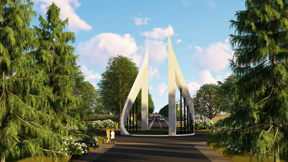 Rendered entrance gate of two tall white curved blades framing the road, conifers either side