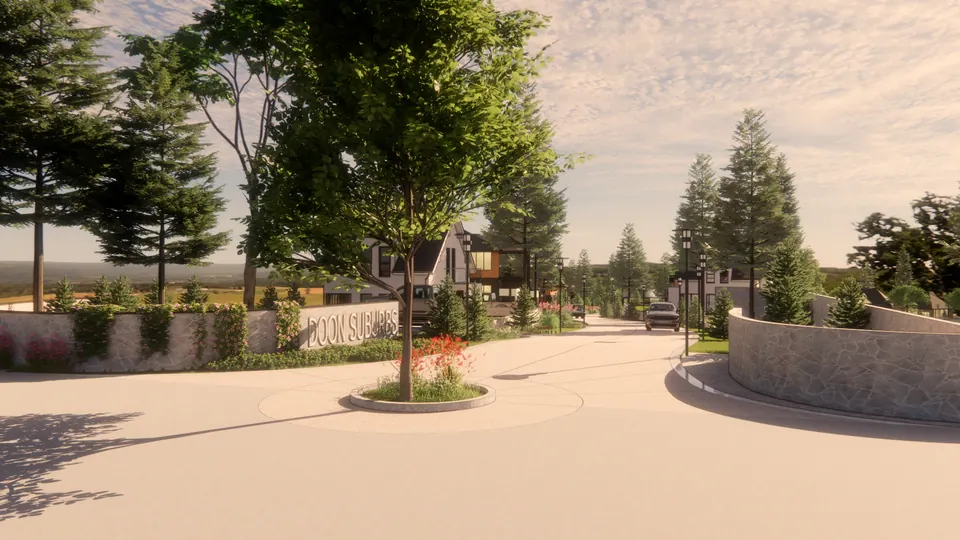 Rendered entrance seen from inside: a tree island and stone walls carrying the development's name