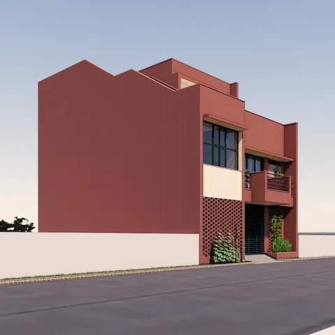 Rendered view from the other corner: a saw-tooth terracotta side wall, the front balconies and green climbers