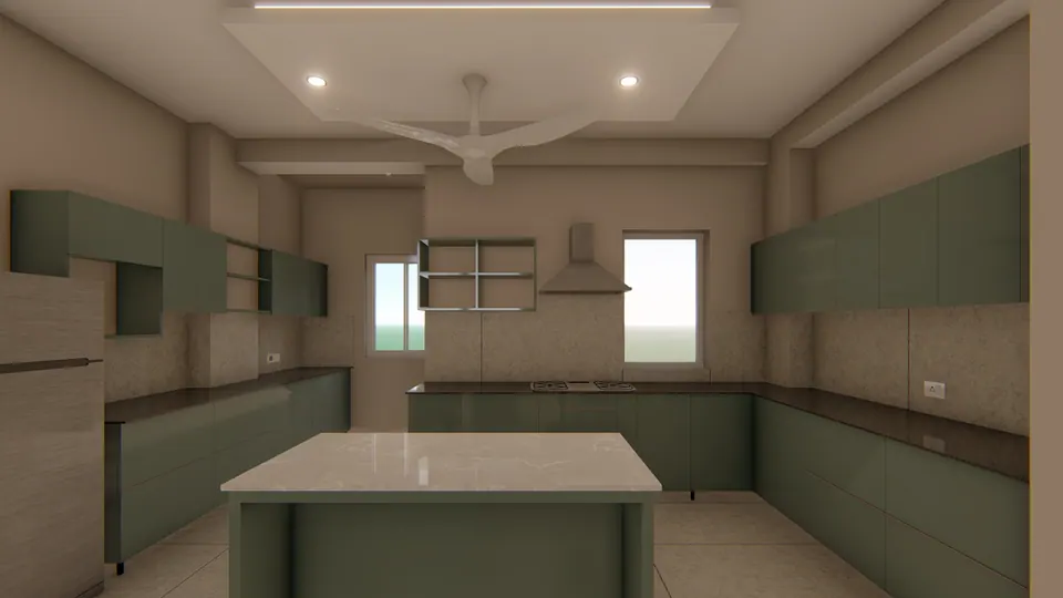 Rendered kitchen with sage-green wall cabinets around a window, a chimney hood and a stone-topped island