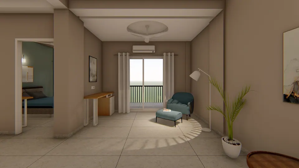 Rendered living area with a reading corner by the balcony door, a floor lamp and a potted palm