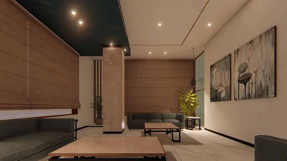Rendered lounge with grey sofas, a timber table, lotus paintings, Roman blinds and a dark ceiling band