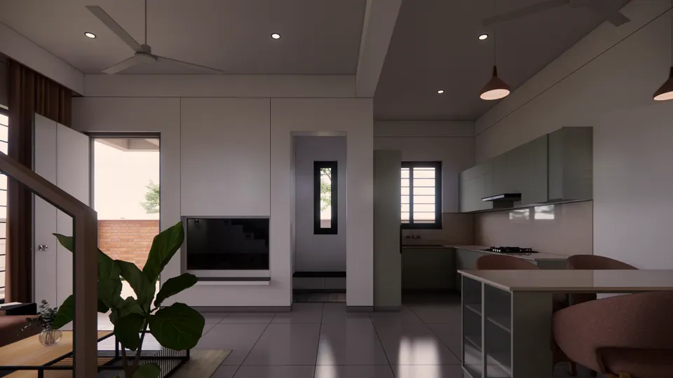 Rendered open kitchen with an island and pendant lights beside a television unit and a potted plant