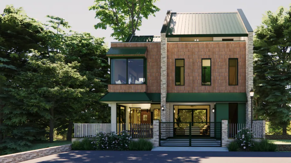 Rendered front elevation: brick-clad volumes and a stone pier under green metal roofs, a green gate and verandahs among trees