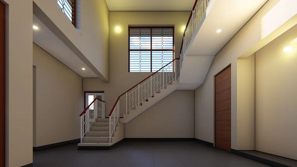 Rendered double-height stair hall with a white balustrade and red handrail, a tall grilled window and timber doors