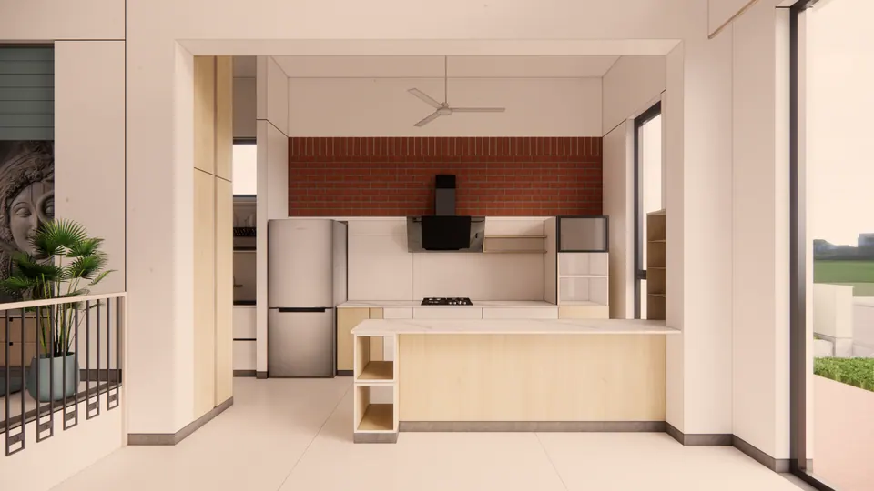 Rendered open kitchen with an island counter, timber cabinets and a brick splashback, framed by a white portal
