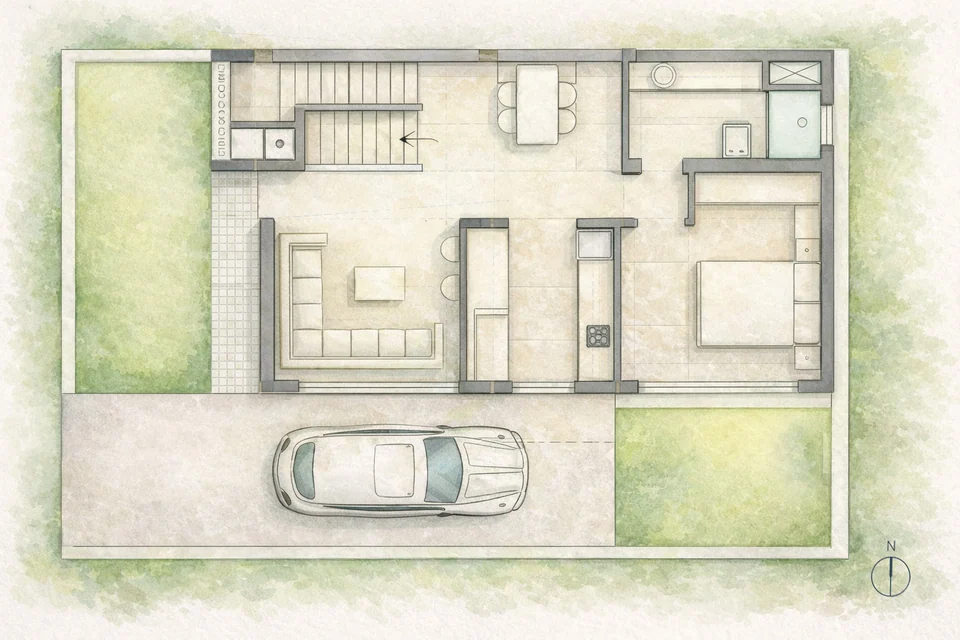 Watercolour-style ground floor plan: a parking bay with a car, living room, kitchen, dining area, a bedroom, the stair and two lawns