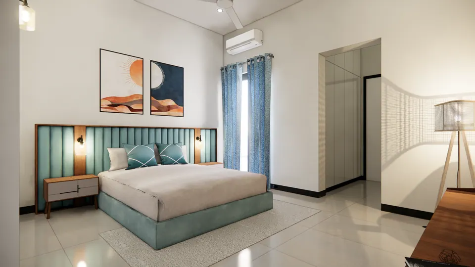 Rendered bedroom: a bed with a teal channel-upholstered headboard under two sun and moon prints, blue curtains and a doorway to a dressing area