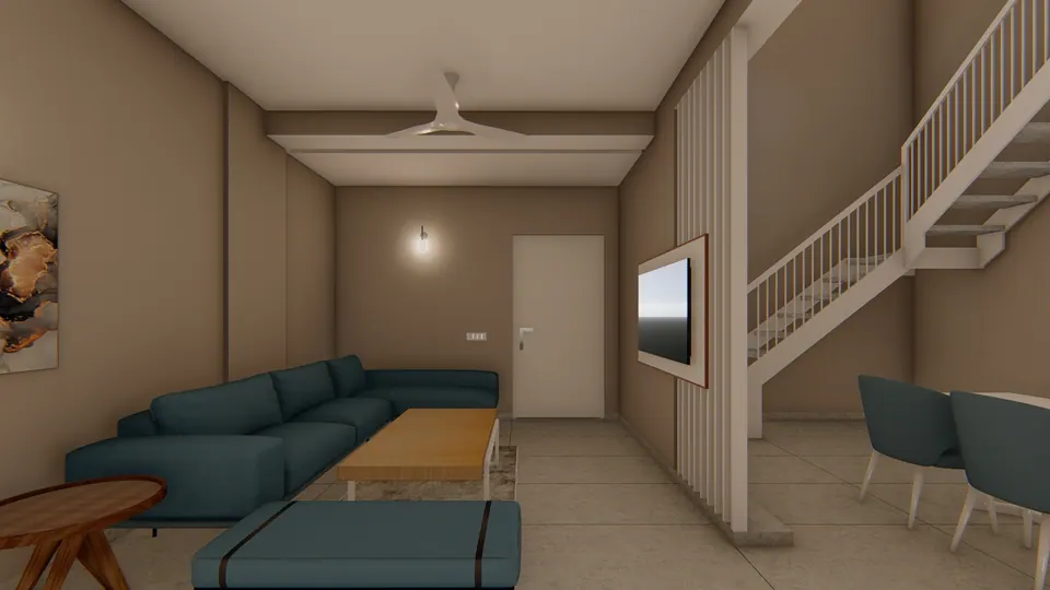 Rendered living room with a teal sectional sofa, a slatted screen and an open stair to the upper floor