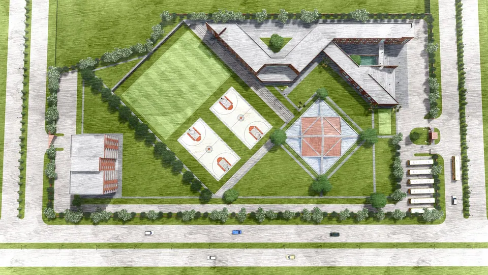 Watercolour-style site plan from above: a V-shaped school building, playing fields, courts, a pyramid pavilion and the road