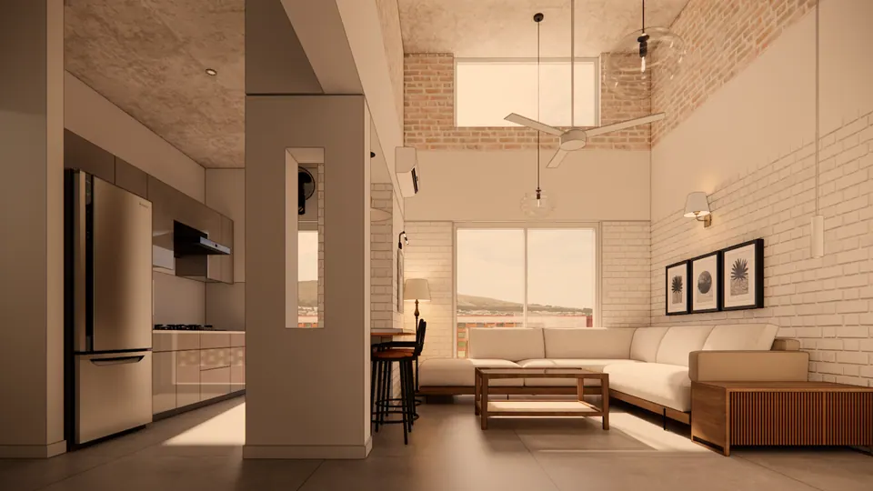 Rendered double-height living room: an L-shaped sofa under a high window, white-painted brick walls and the kitchen to the left