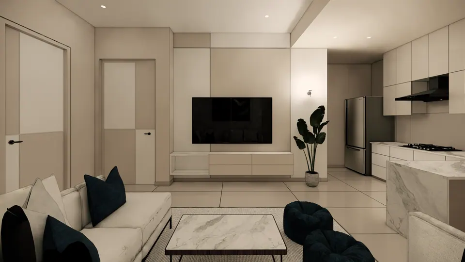 Rendered living room: a cream sofa with navy cushions, a marble coffee table, two dark poufs and the open kitchen to the right