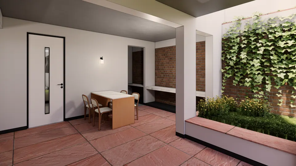 Rendered covered verandah: a small dining table with four chairs on red stone paving, beside a raised planter and a brick wall with creepers