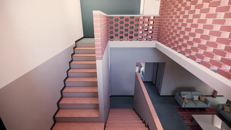 Rendered stair hall: a pink brick jali balustrade, terracotta treads and a view down to a lounge with grey sofas